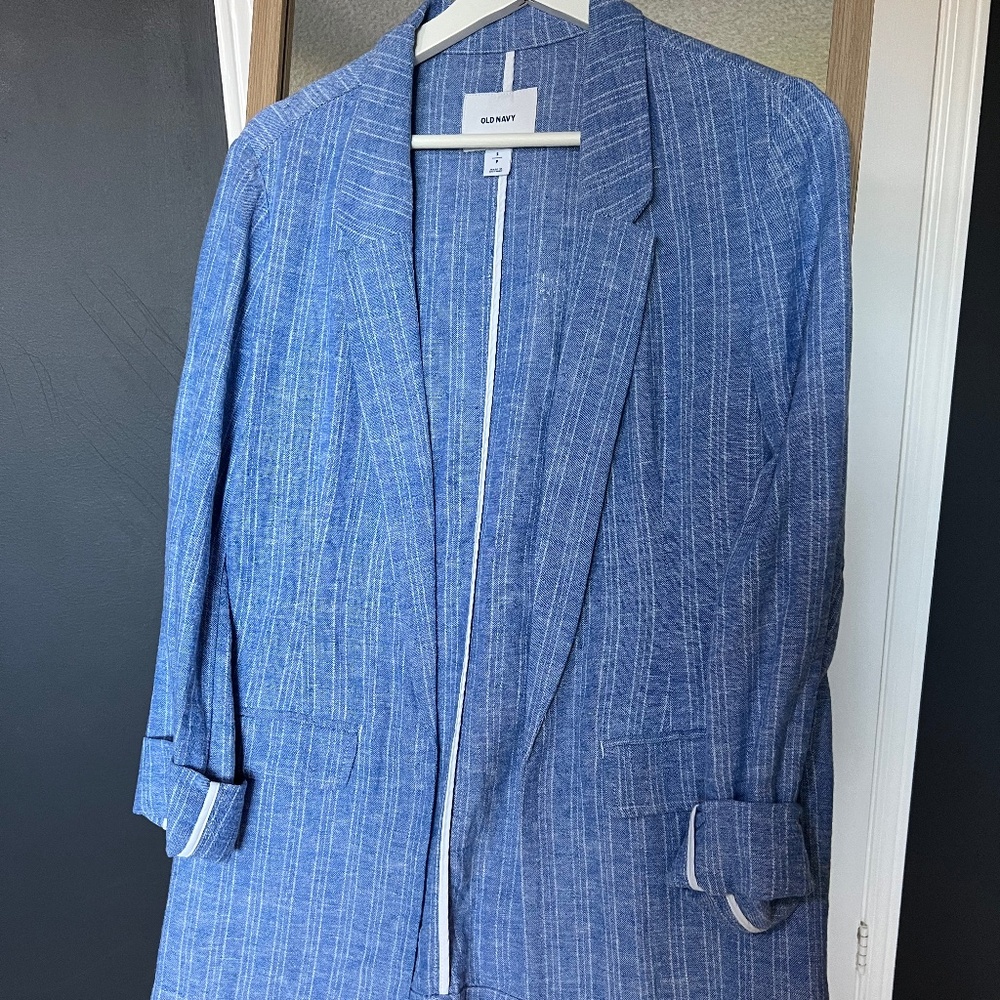Old Navy Blue & White Oversized Linen Blazer – Size S